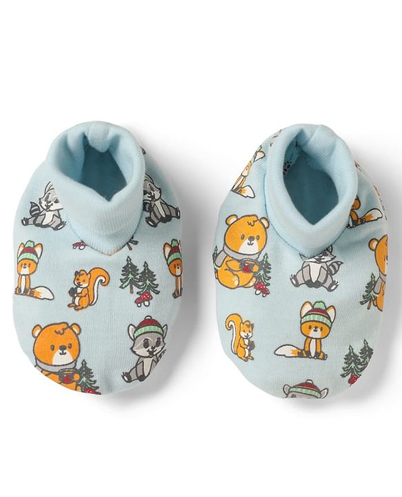 Babyhug 100% Cotton Interlock Knit Mittens & Booties with Bear Raccoon Squirrel Fox Print - Light Blue