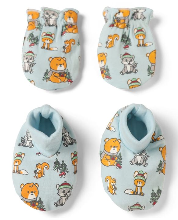 Babyhug 100% Cotton Interlock Knit Mittens & Booties with Bear Raccoon Squirrel Fox Print - Light Blue