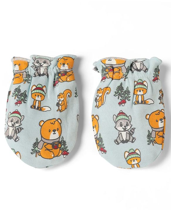 Babyhug 100% Cotton Interlock Knit Mittens & Booties with Bear Raccoon Squirrel Fox Print - Light Blue