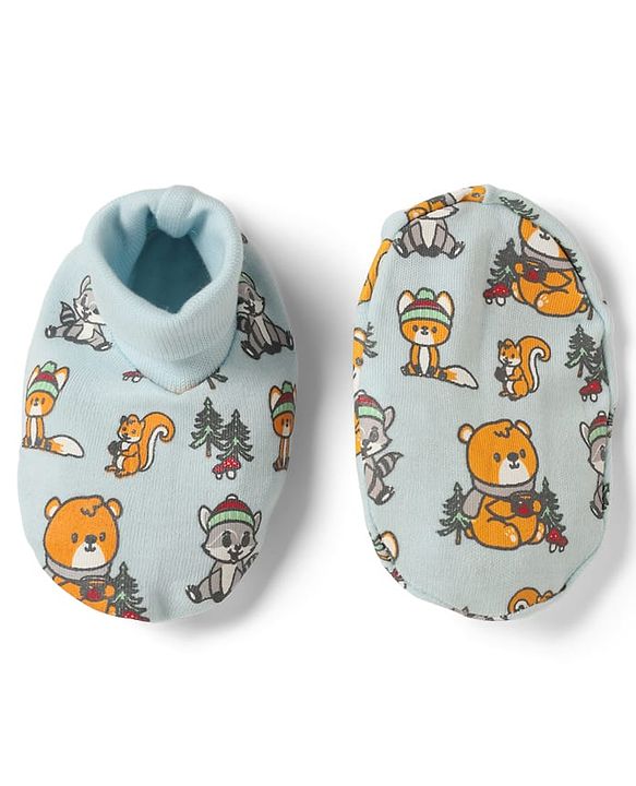 Babyhug 100% Cotton Interlock Knit Mittens & Booties with Bear Raccoon Squirrel Fox Print - Light Blue