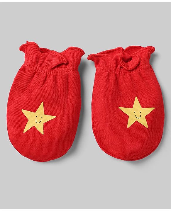 Babyhug 100% Cotton Interlock Knit Striped Mittens With Star Print Pack of 3 - Yellow Red White
