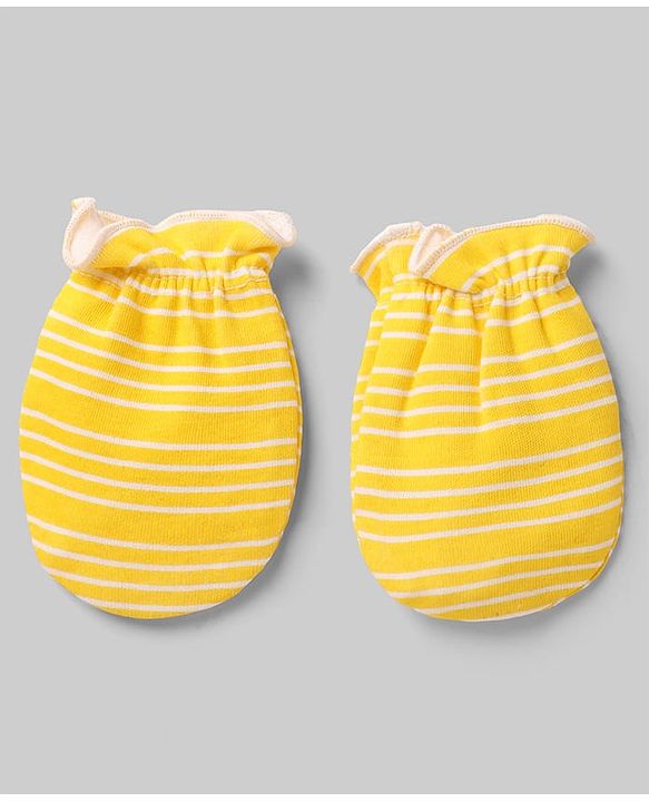 Babyhug 100% Cotton Interlock Knit Striped Mittens With Star Print Pack of 3 - Yellow Red White