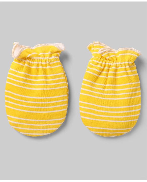 Babyhug 100% Cotton Interlock Knit Striped Mittens With Star Print Pack of 3 - Yellow Red White