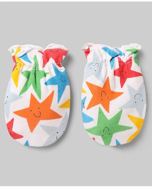 Babyhug 100% Cotton Interlock Knit Striped Mittens With Star Print Pack of 3 - Yellow Red White