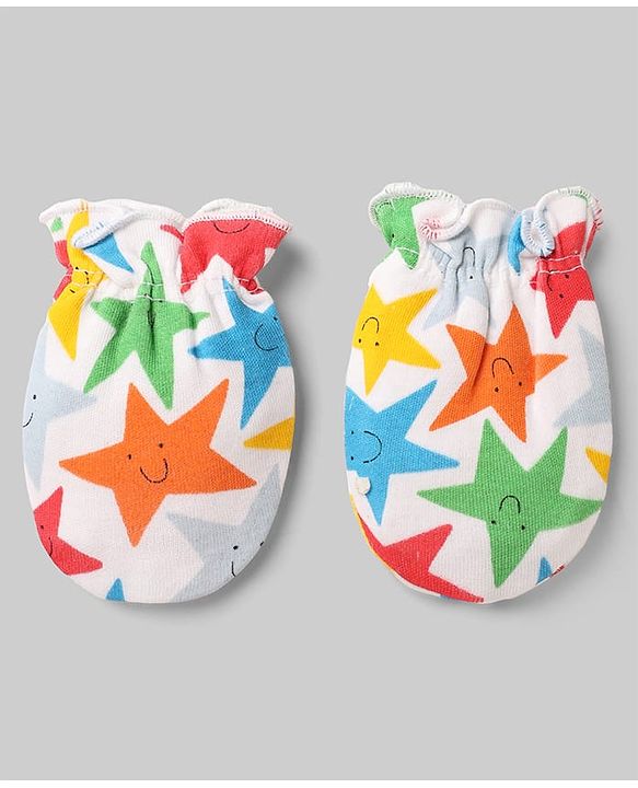 Babyhug 100% Cotton Interlock Knit Striped Mittens With Star Print Pack of 3 - Yellow Red White