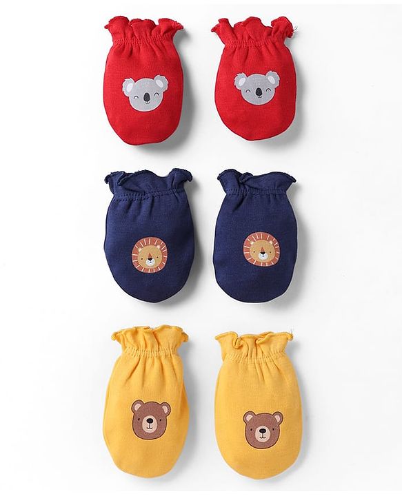 Babyhug 100% Cotton Interlock Mittens with Bear & Lion Print in Red Blue & Yellow Pack of 3 - Diameter 8 cm