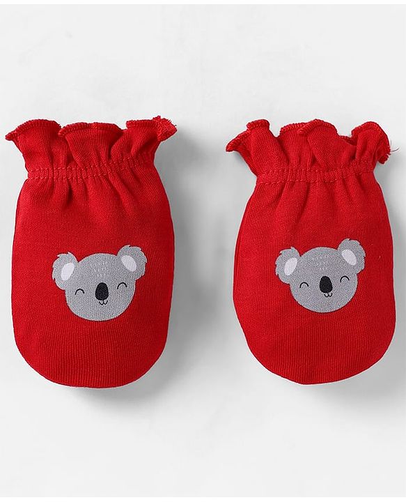 Babyhug 100% Cotton Interlock Mittens with Bear & Lion Print in Red Blue & Yellow Pack of 3 - Diameter 8 cm
