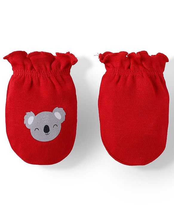 Babyhug 100% Cotton Interlock Mittens with Bear & Lion Print in Red Blue & Yellow Pack of 3 - Diameter 8 cm
