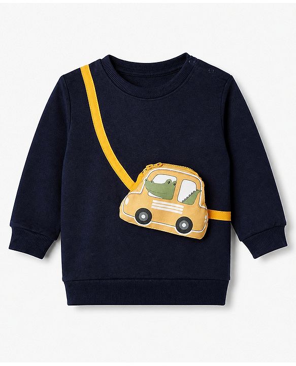 Babyhug 100% Cotton Knit Sweatshirt with Full Sleeves and Car Applique in Navy Blue