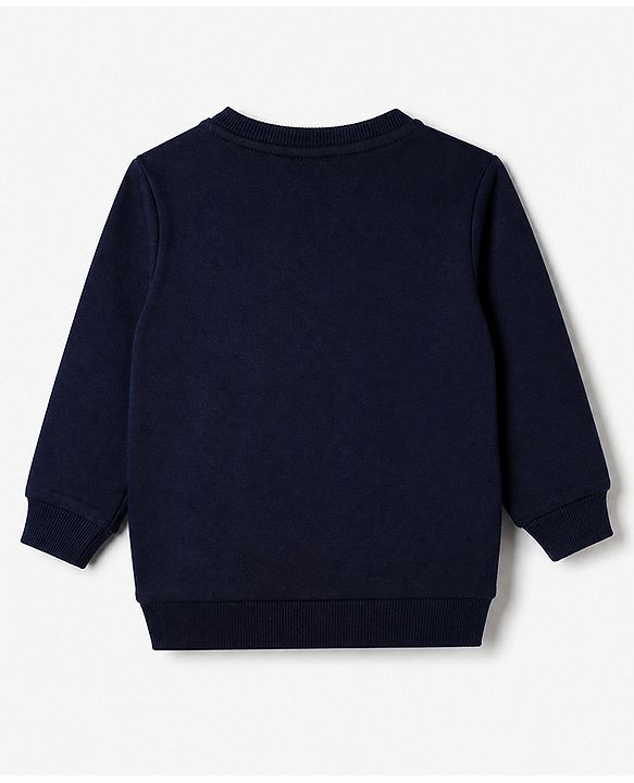 Babyhug 100% Cotton Knit Sweatshirt with Full Sleeves and Car Applique in Navy Blue