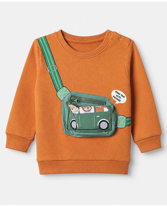 Babyhug 100% Cotton Knit Heavy Gauge Sweatshirt with Full Sleeves and Bag Print in Rust Orange