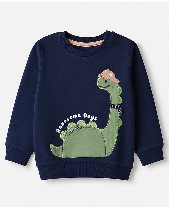 Babyhug 100% Cotton Knit Full Sleeves Heavy Gauge Sweatshirt with Dinosaur Embroidery - Navy Blue