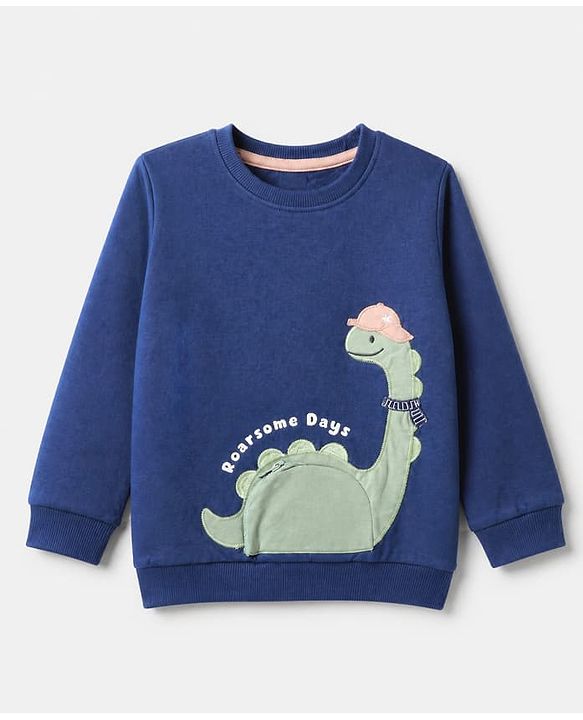 Babyhug 100% Cotton Knit Full Sleeves Heavy Gauge Sweatshirt with Dinosaur Embroidery - Navy Blue
