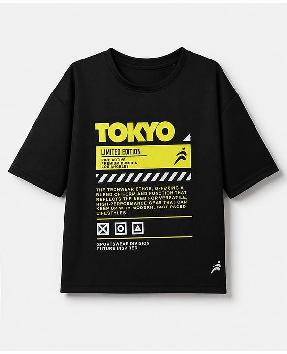 Pine Active Knit Drop Shoulder Half Sleeves T-Shirt With Text Print - Black