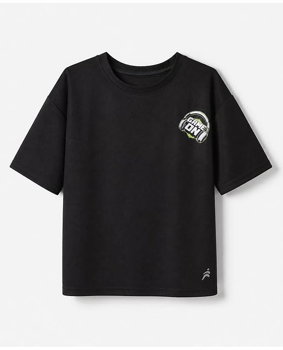 Pine Active Knit Drop Shoulder Half Sleeves T-Shirt With Text Print - Black