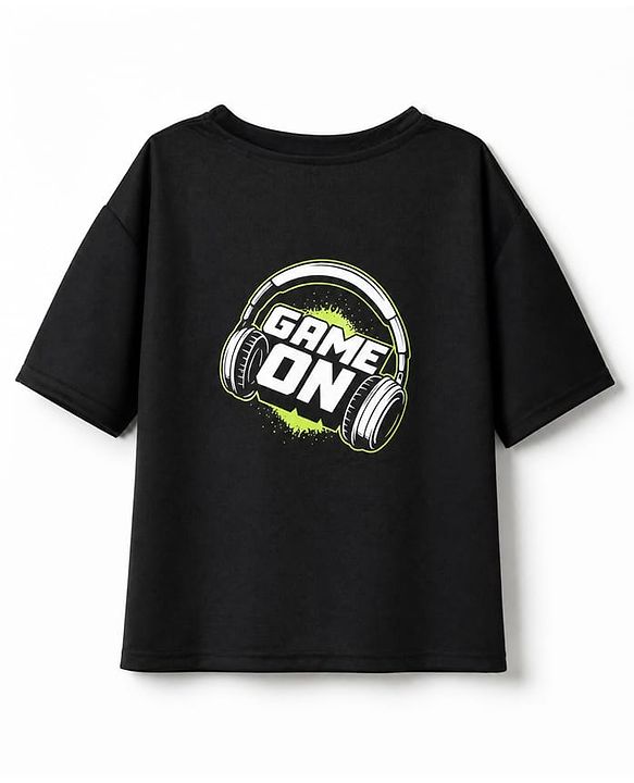 Pine Active Knit Drop Shoulder Half Sleeves T-Shirt With Text Print - Black