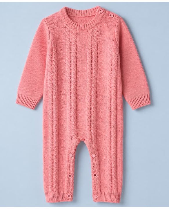 Babyhug Knit Full Sleeves Winter Wear Romper - Pink