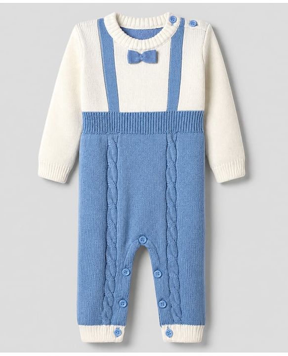 Babyhug Knit Full Sleeves Winter Wear Romper With Bow Applique - Blue