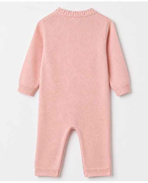 Babyhug Knit Romper with Full Sleeves and Flower Embroidery - Pink