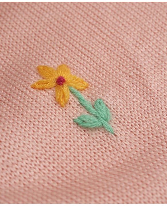 Babyhug Knit Romper with Full Sleeves and Flower Embroidery - Pink