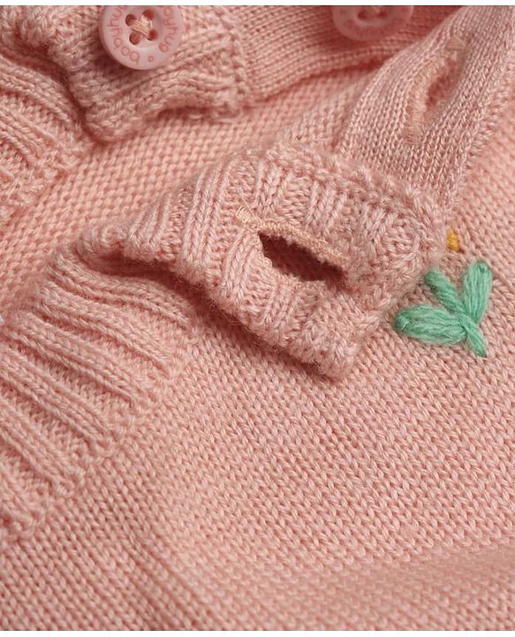Babyhug Knit Romper with Full Sleeves and Flower Embroidery - Pink