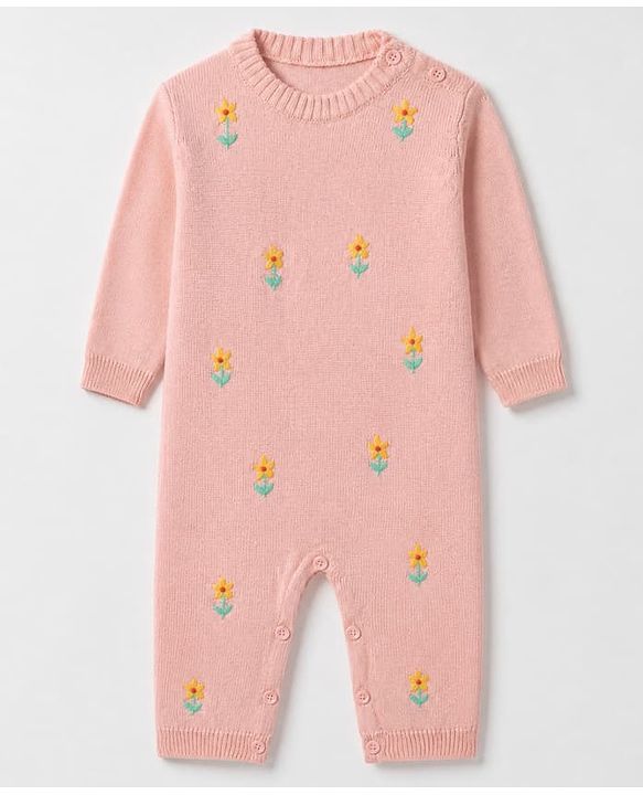 Babyhug Knit Romper with Full Sleeves and Flower Embroidery - Pink