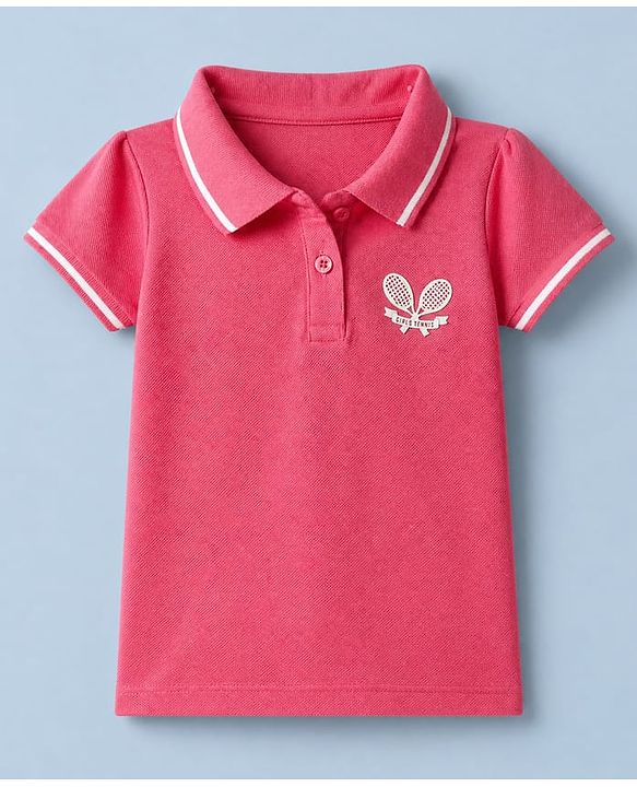 Babyhug Cotton Blend Knit Polo T-Shirt with Half Sleeves and Tennis Rackets Patch - Dark Pink