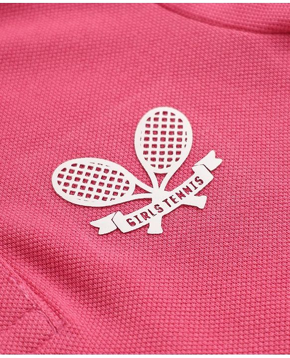 Babyhug Cotton Blend Knit Polo T-Shirt with Half Sleeves and Tennis Rackets Patch - Dark Pink