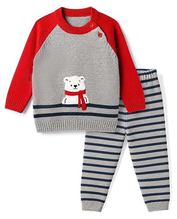 Babyhug Knit Full Sleeves Sweater Sets With Bear Applique - Red