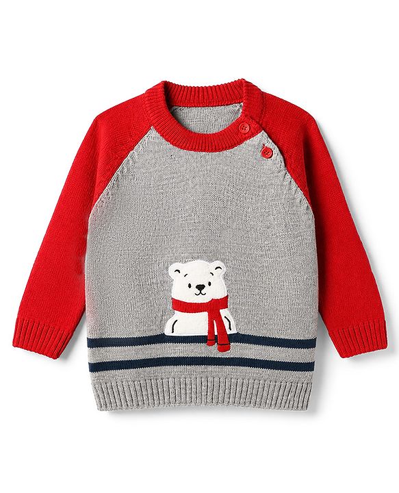 Babyhug Knit Full Sleeves Sweater Sets With Bear Applique - Red