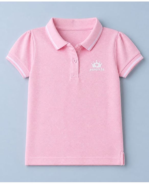 Babyhug Cotton Blend Knit Polo T-Shirt with Half Puffed Sleeves and Crown Patch - Light Pink