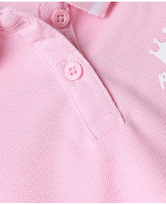 Babyhug Cotton Blend Knit Polo T-Shirt with Half Puffed Sleeves and Crown Patch - Light Pink