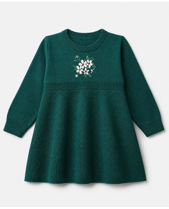 Babyhug Ribbed Knit Woollen Dress with Full Sleeves and Flowers Embroidery in Green
