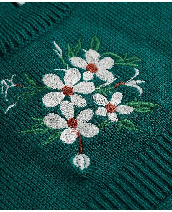 Babyhug Ribbed Knit Woollen Dress with Full Sleeves and Flowers Embroidery in Green