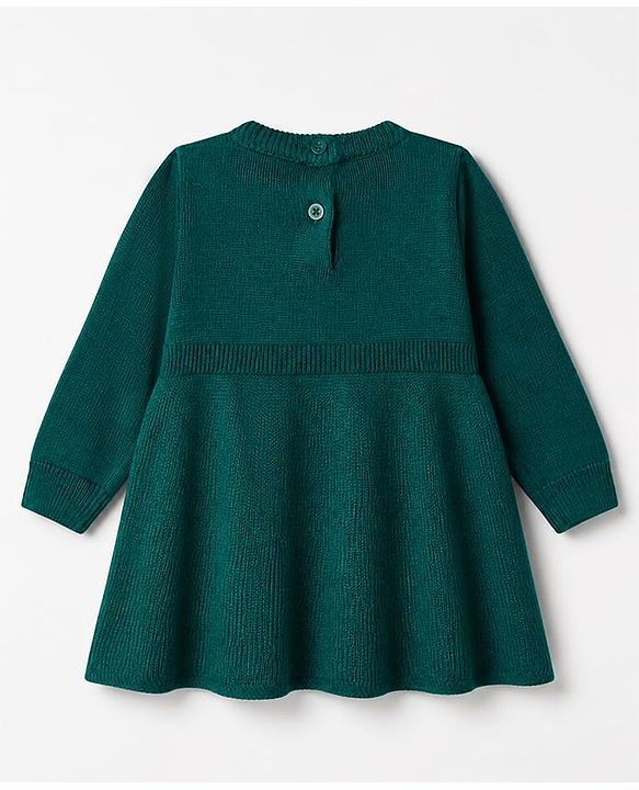 Babyhug Ribbed Knit Woollen Dress with Full Sleeves and Flowers Embroidery in Green