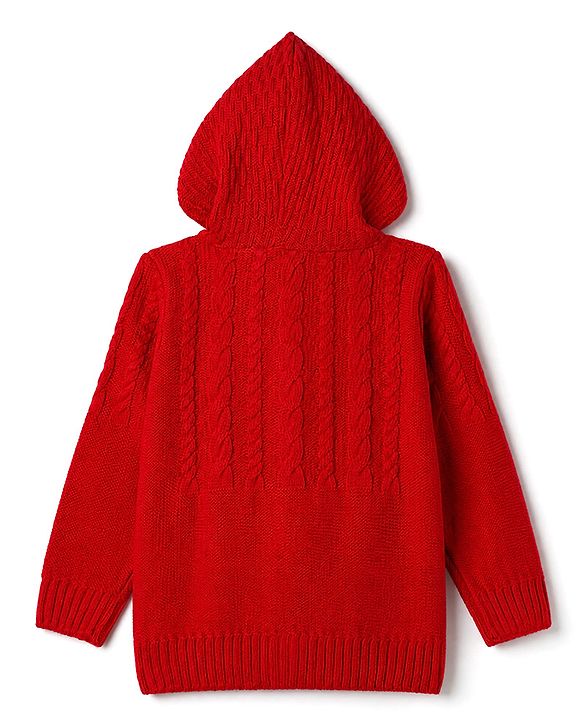 Babyhug Knit Full Sleeves Hooded Sweater with Cable Knit Design - Red