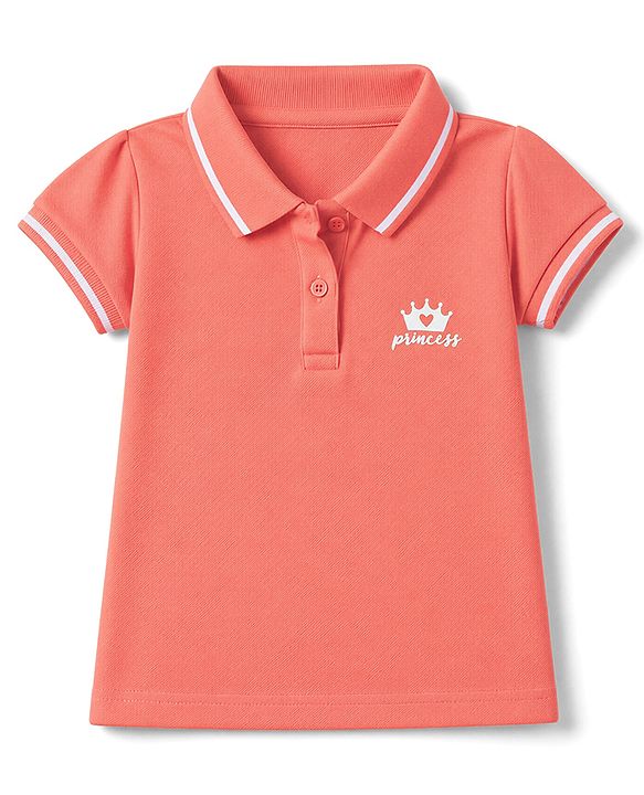 Babyhug Cotton Blend Knit Half Sleeves Polo T-Shirt with Princess Text Print - Dark Peach