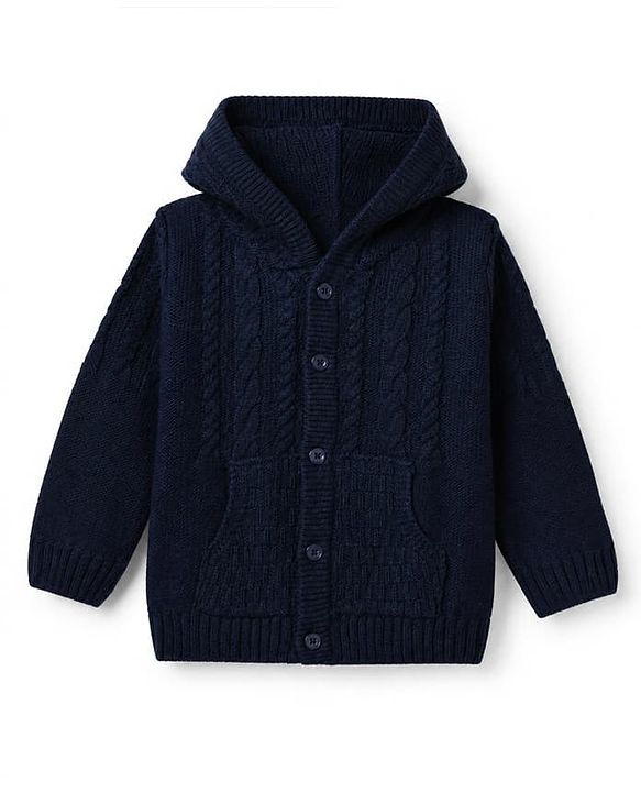 Babyhug Knit Front Open Sweaters with Full Sleeves and Cable Knit Pattern in Navy Blue for 9-12 Months