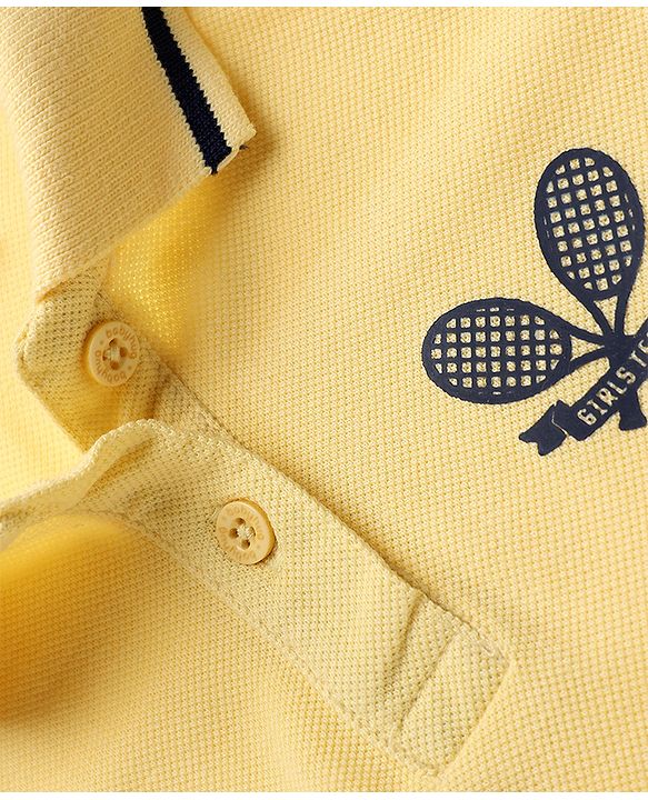 Babyhug Cotton Blend Knit Half Sleeves Polo T-Shirt with Tennis Rackets and Love & League Text Embroidery - Lemon Yellow