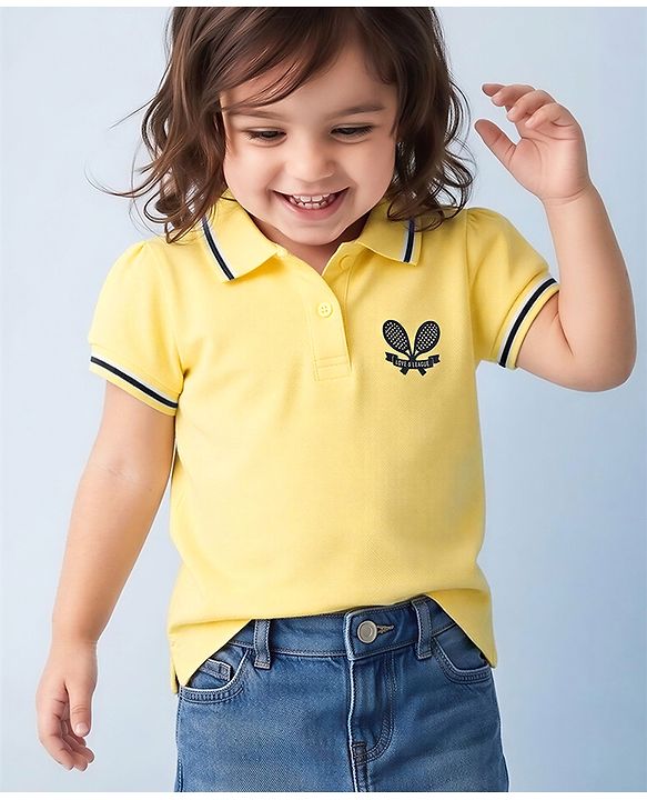Babyhug Cotton Blend Knit Half Sleeves Polo T-Shirt with Tennis Rackets and Love & League Text Embroidery - Lemon Yellow