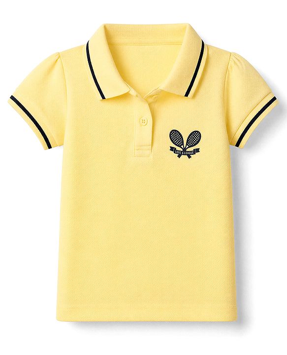 Babyhug Cotton Blend Knit Half Sleeves Polo T-Shirt with Tennis Rackets and Love & League Text Embroidery - Lemon Yellow