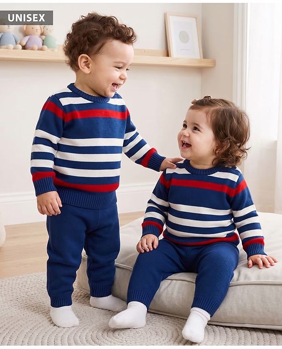 Babyhug Knit Full Sleeves Striped Sweater Set - Blue