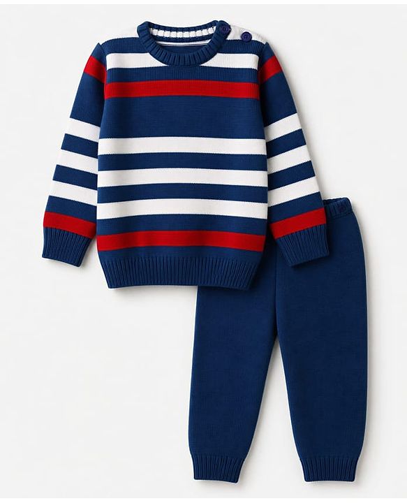 Babyhug Knit Full Sleeves Striped Sweater Set - Blue