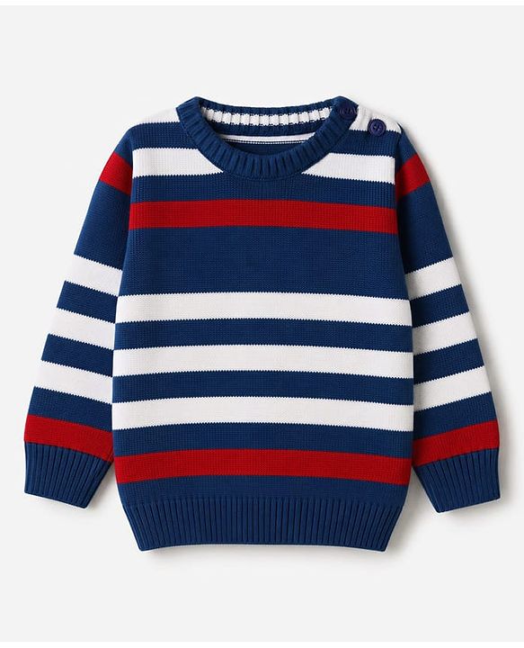 Babyhug Knit Full Sleeves Striped Sweater Set - Blue
