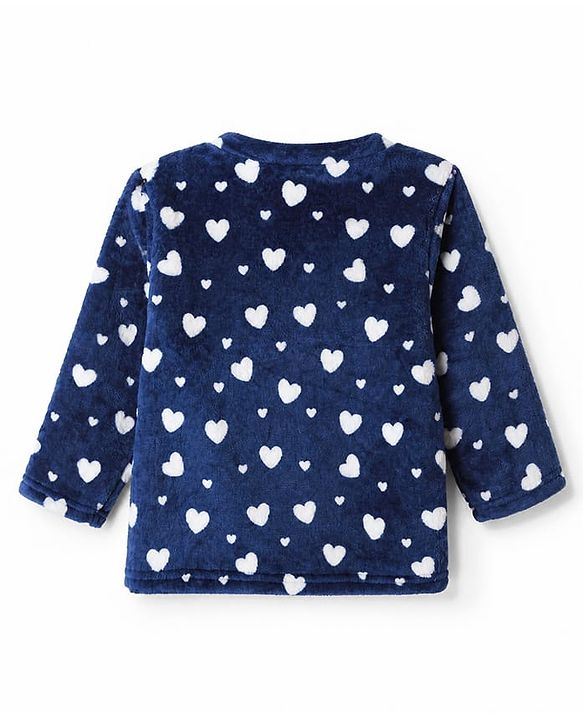Babyhug Velour Knit Full Sleeves Co-ord T-shirt & Pyjama Winter Night Suit with Heart Print in Navy Blue
