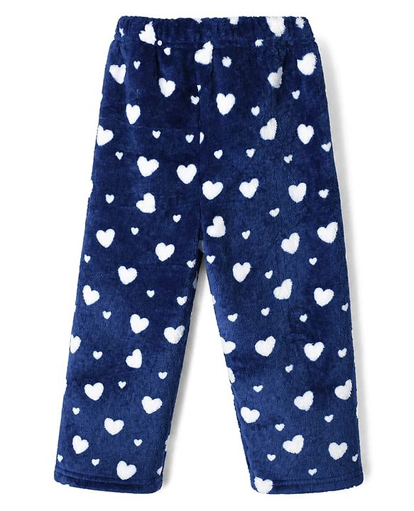 Babyhug Velour Knit Full Sleeves Co-ord T-shirt & Pyjama Winter Night Suit with Heart Print in Navy Blue