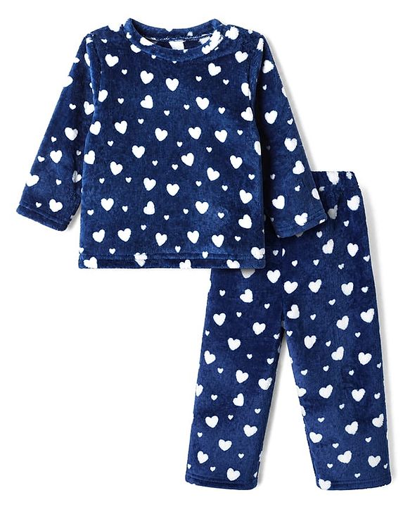 Babyhug Velour Knit Full Sleeves Co-ord T-shirt & Pyjama Winter Night Suit with Heart Print in Navy Blue