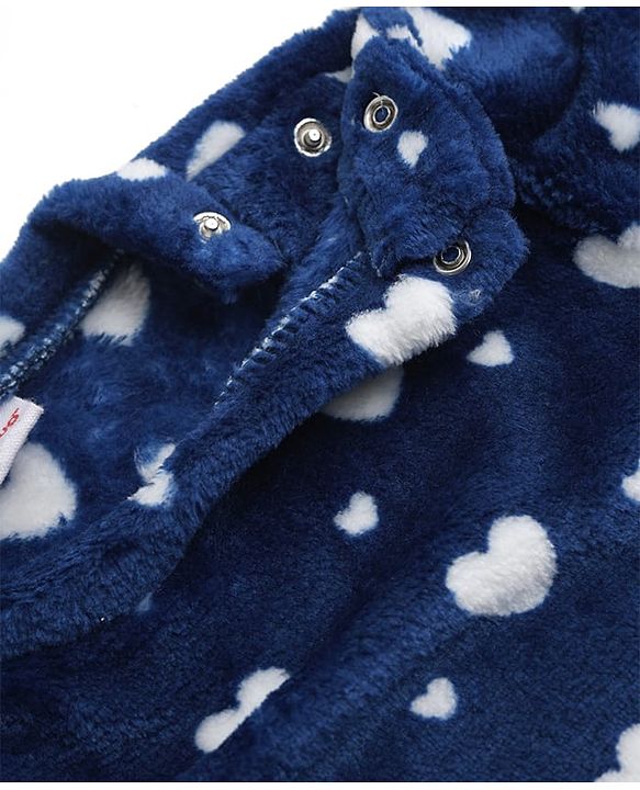 Babyhug Velour Knit Full Sleeves Co-ord T-shirt & Pyjama Winter Night Suit with Heart Print in Navy Blue