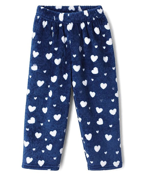 Babyhug Velour Knit Full Sleeves Co-ord T-shirt & Pyjama Winter Night Suit with Heart Print in Navy Blue
