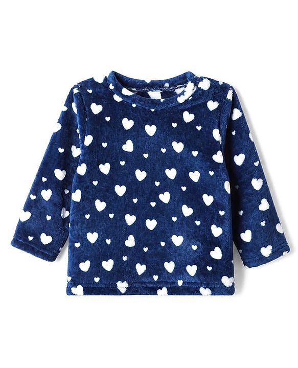 Babyhug Velour Knit Full Sleeves Co-ord T-shirt & Pyjama Winter Night Suit with Heart Print in Navy Blue